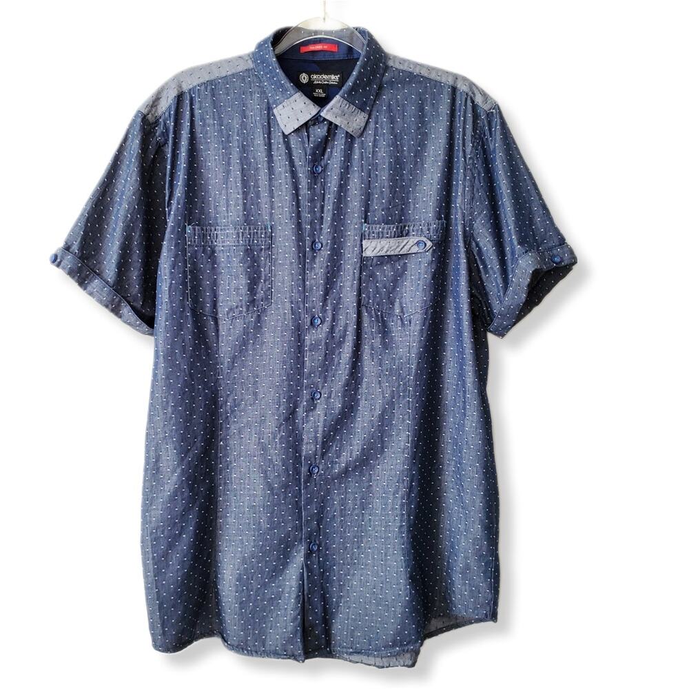90s Akademiks Men Button Shirt XXL Tailored Fit Blue Short Sleeve Casual VTG